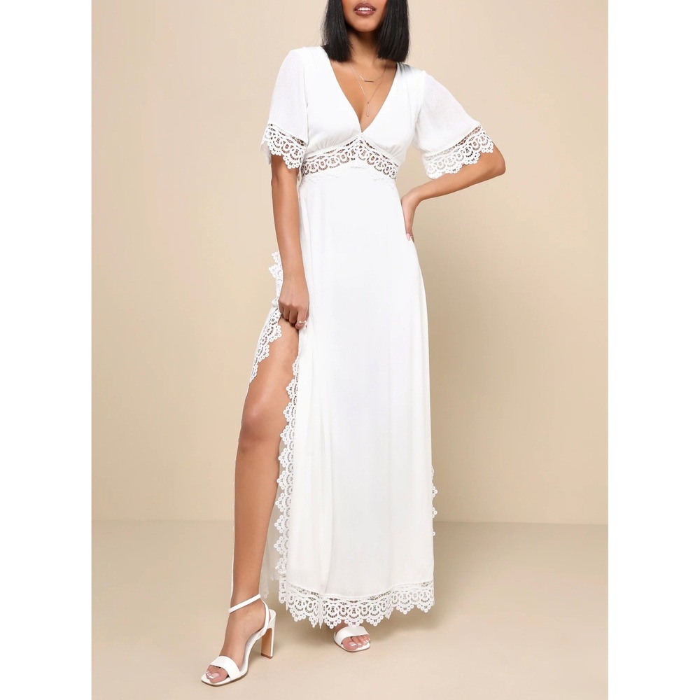 Lulus Sweeten the Occasion White Crochet Lace Short Sleeve Maxi Dress M 2680